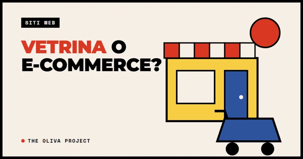 Illustrazione di un negozio con tenda a righe e di un carrello, per l'articolo su sito vetrina o e-commerce